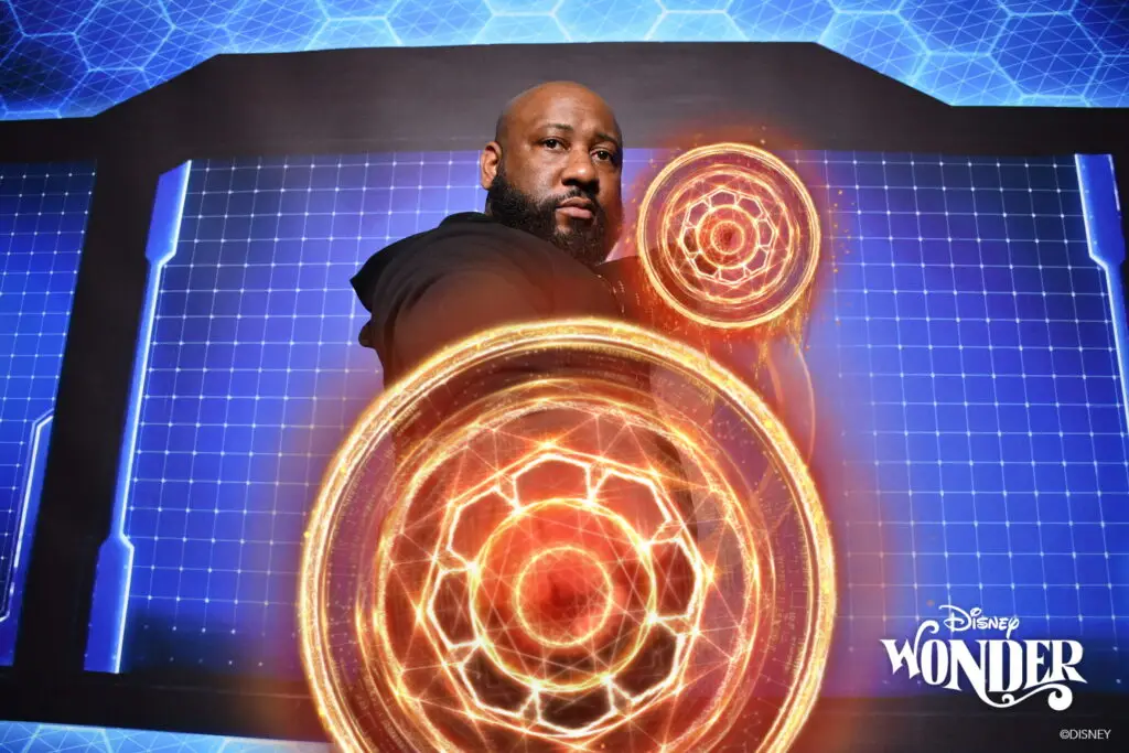 Walter Baxter posing as Doctor Strange creating magical energy with his hands